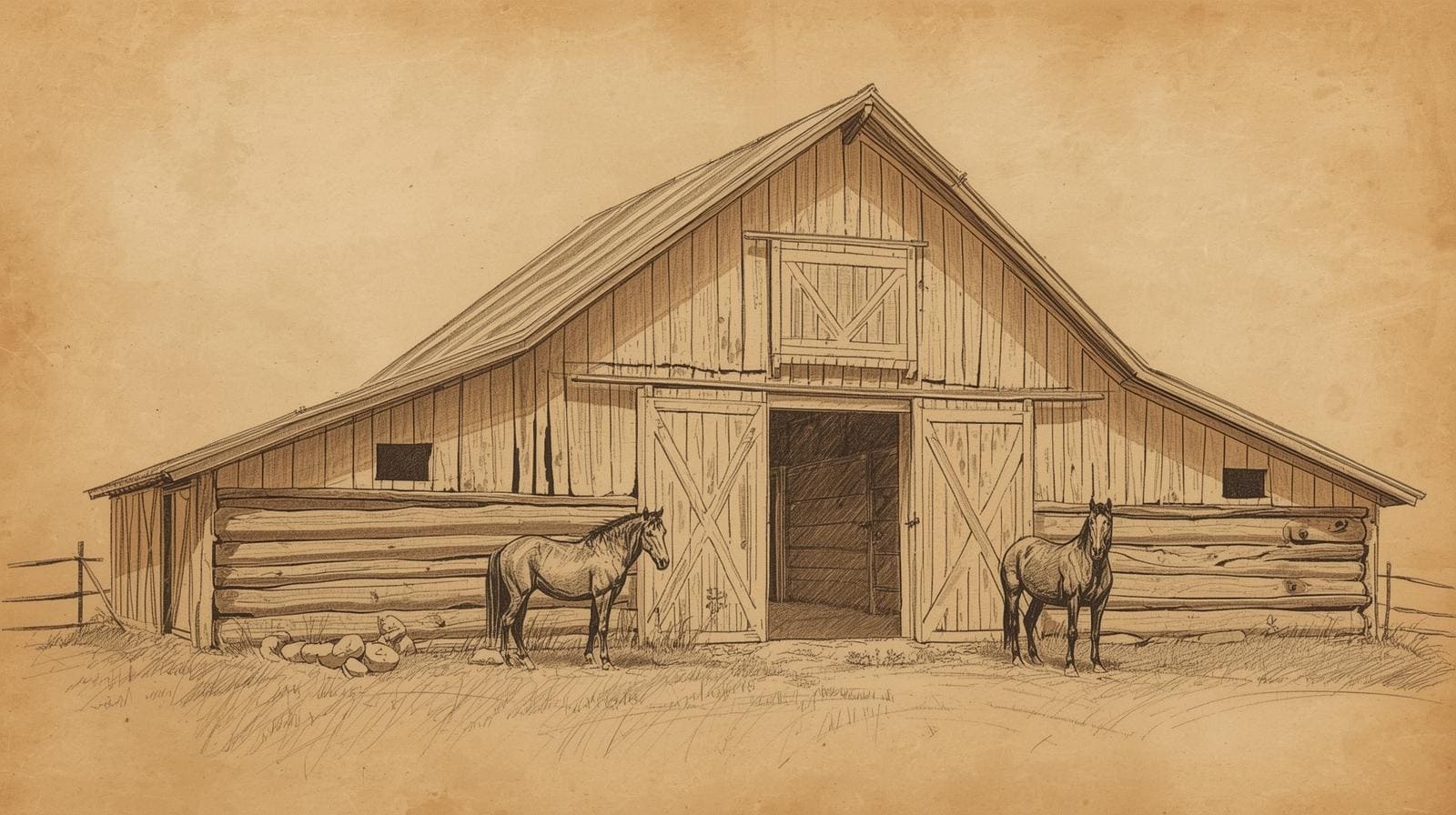 Grange ancienne avec chevaux au Ranch VogElEden à Cammazes, ambiance rustique et paisible,