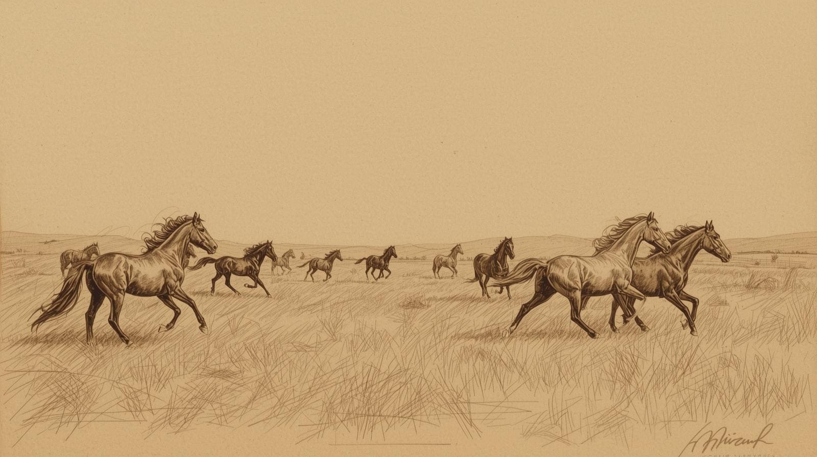 chevaux galopant dans la prairie au Ranch VogElEden à Cammazes, ambiance sépia chaleureuse,